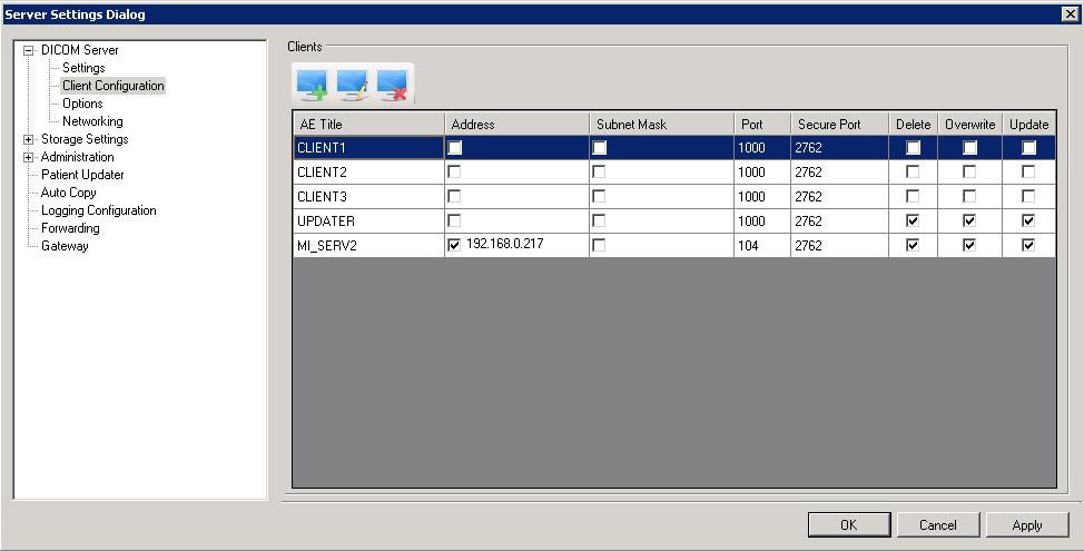 Storage Server DICOM Server Client Configuration Page