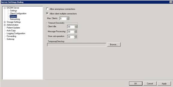 Storage Server DICOM Server Options Page